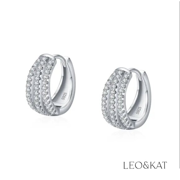 Zircon Triple Loop Silver Huggie Earrings. 925 Sterling Silver. #1116 - Picture 5 of 5